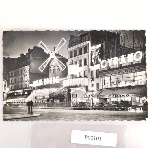 Vintage 1955 Chantal Postcard Moulin Rouge at Night Paris France B&W Photograph - Picture 1 of 2